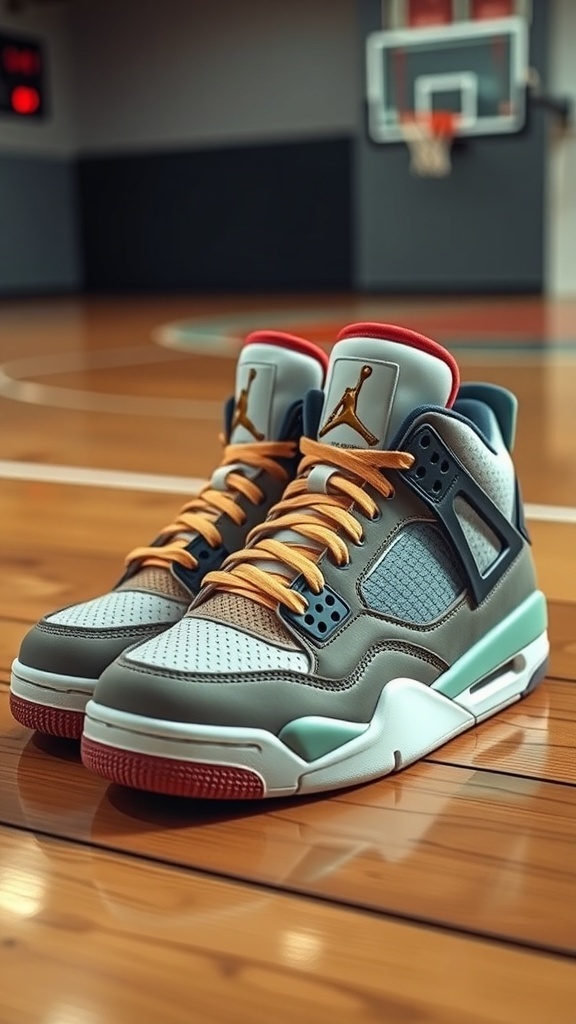 Stephen Curry inspired Jordan 4 sneakers in a stylish display on a wooden surface.